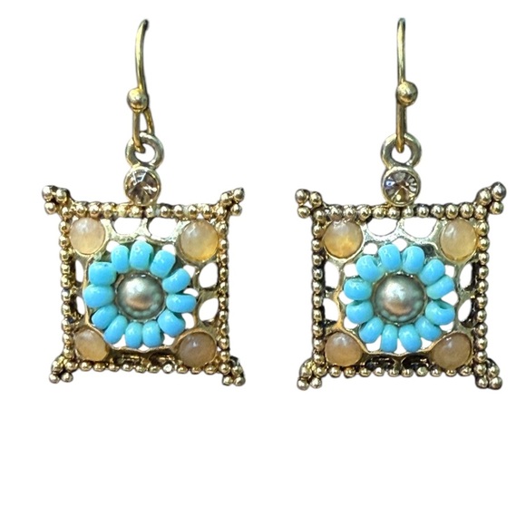 Vintage Carolee Square Gold Tone Turquoise Rhinestone Amber Beaded Earrings - Picture 5 of 9